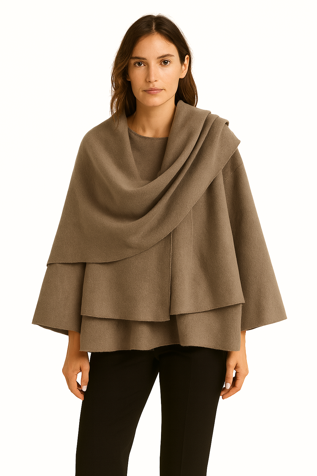 Falerro Women’s Wool Blend Open Front Coat with Scarf Collar