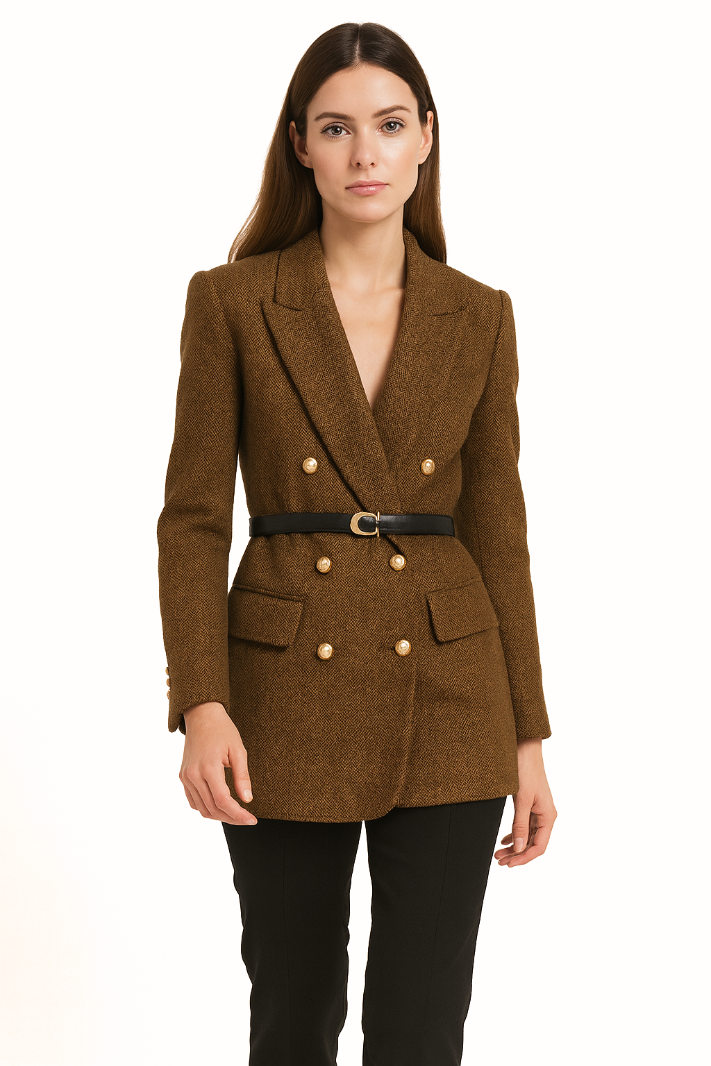 Falerro Women’s Long Wool Blend Double-Breasted Blazer Coat with Belt