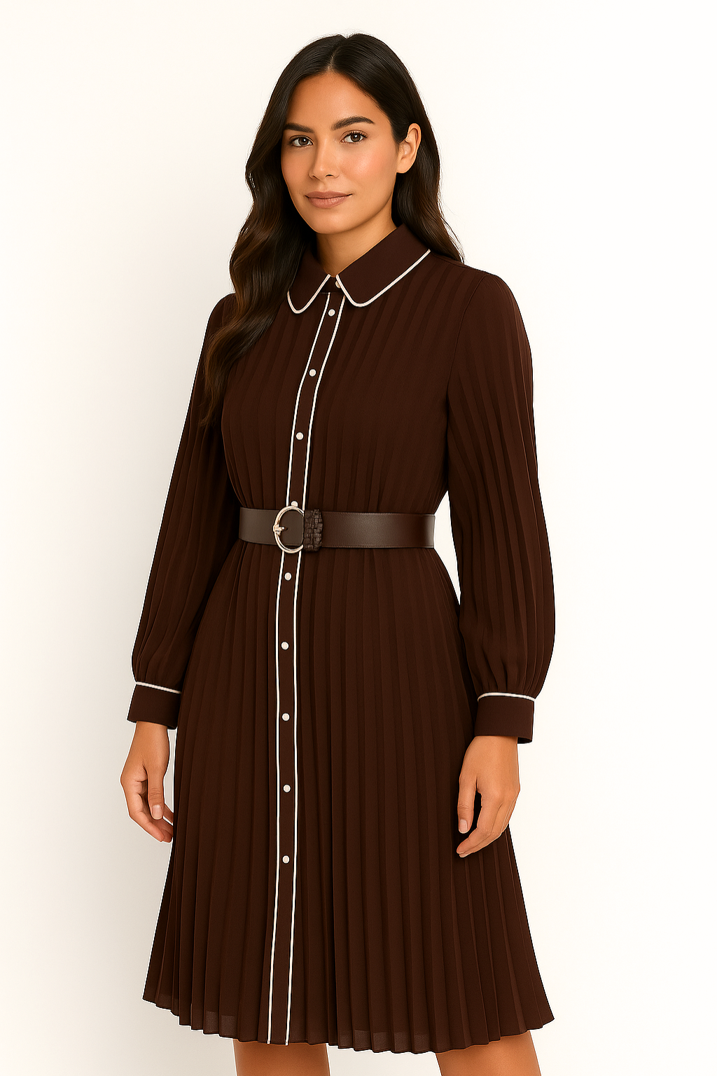 Falerro Women’s Long Sleeve Belted A-Line Midi Dress