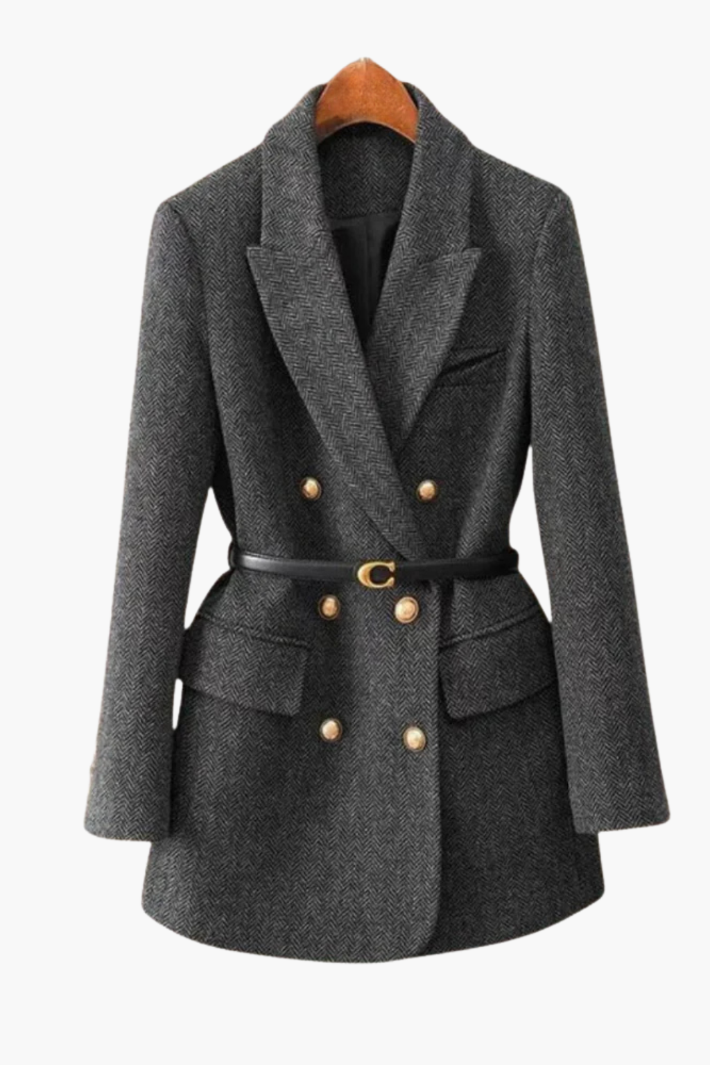 Falerro Women’s Long Wool Blend Double-Breasted Blazer Coat with Belt