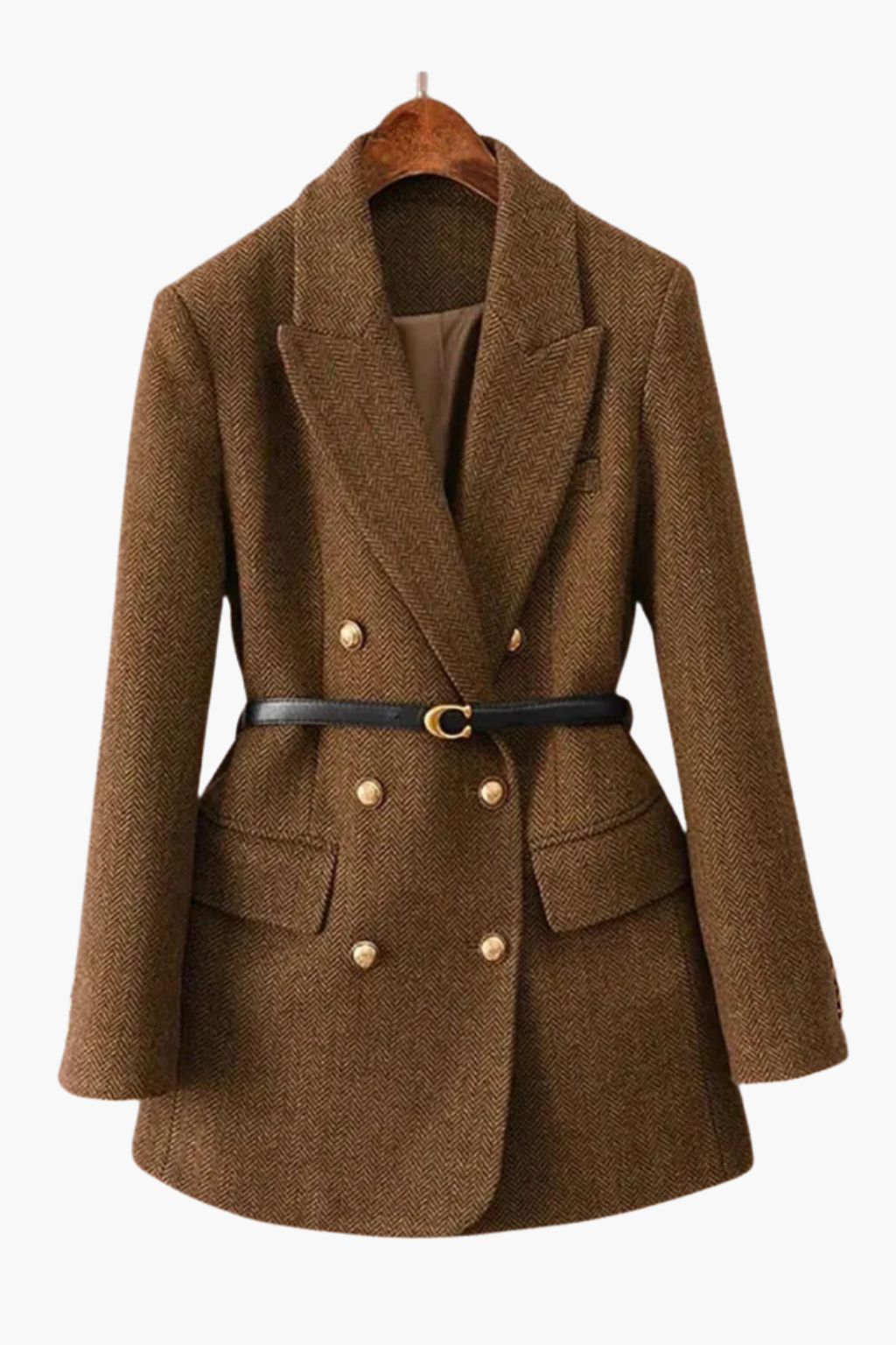 Falerro Women’s Long Wool Blend Double-Breasted Blazer Coat with Belt